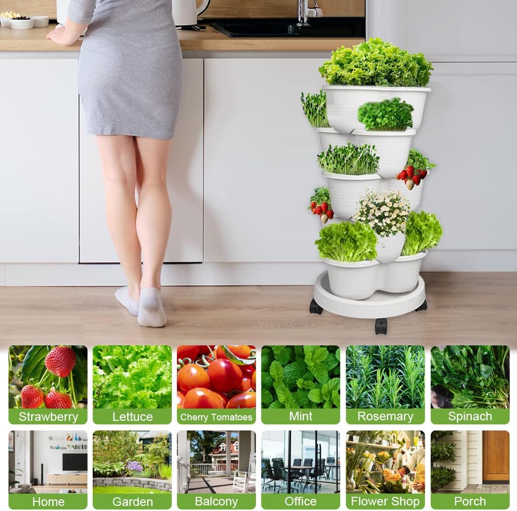 SpringUp 5 Tier Vertical Garden Strawberry Stackable Planters Herbs Petunias Pancy, Vegetable Planter Indoor Outdoor Gardening Pots with Removable Wheels and Tools (White)