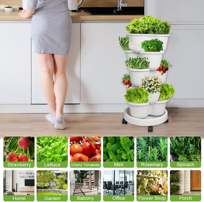 SpringUp 5 Tier Vertical Garden Strawberry Stackable Planters Herbs Petunias Pancy, Vegetable Planter Indoor Outdoor Gardening Pots with Removable Wheels and Tools (White)