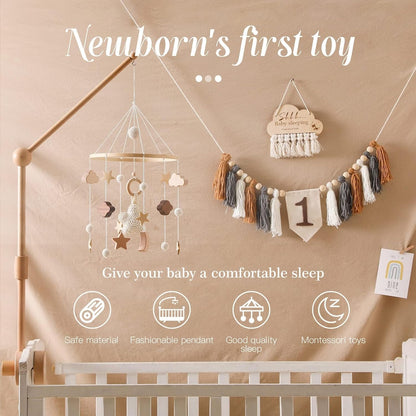 Beechwood Crib Mobile Holder - 360° Rotate, Adjustable Arm - Natural Wood, Minimalist - For Cribs No Side Rails - Baby Nursery Decor
