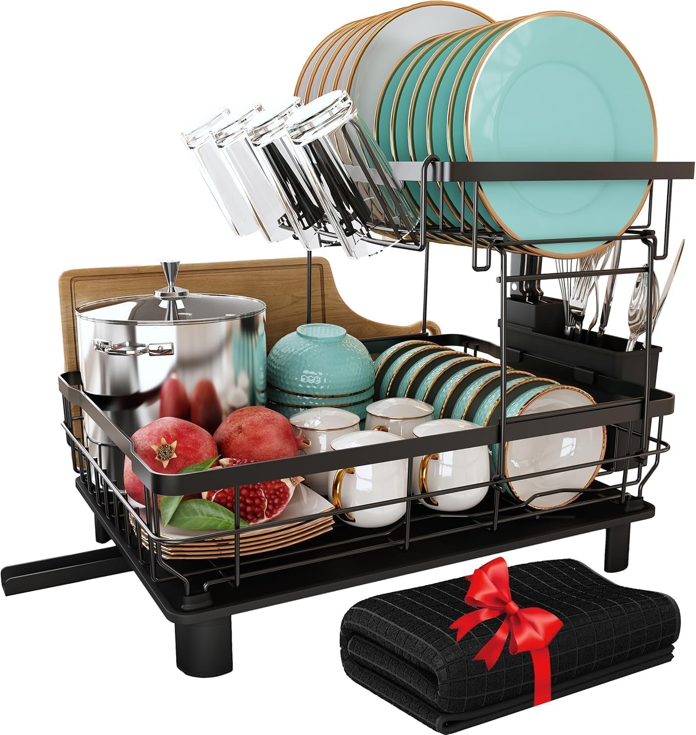 Boosiny Dish Drying Rack for Kitchen Counter, 2 Tier Dish Racks with Drainboard Set, Detachable Large Dish Drainer with Utensils Holder, Dish Drainer Rack with Extra Drying Mat, Black