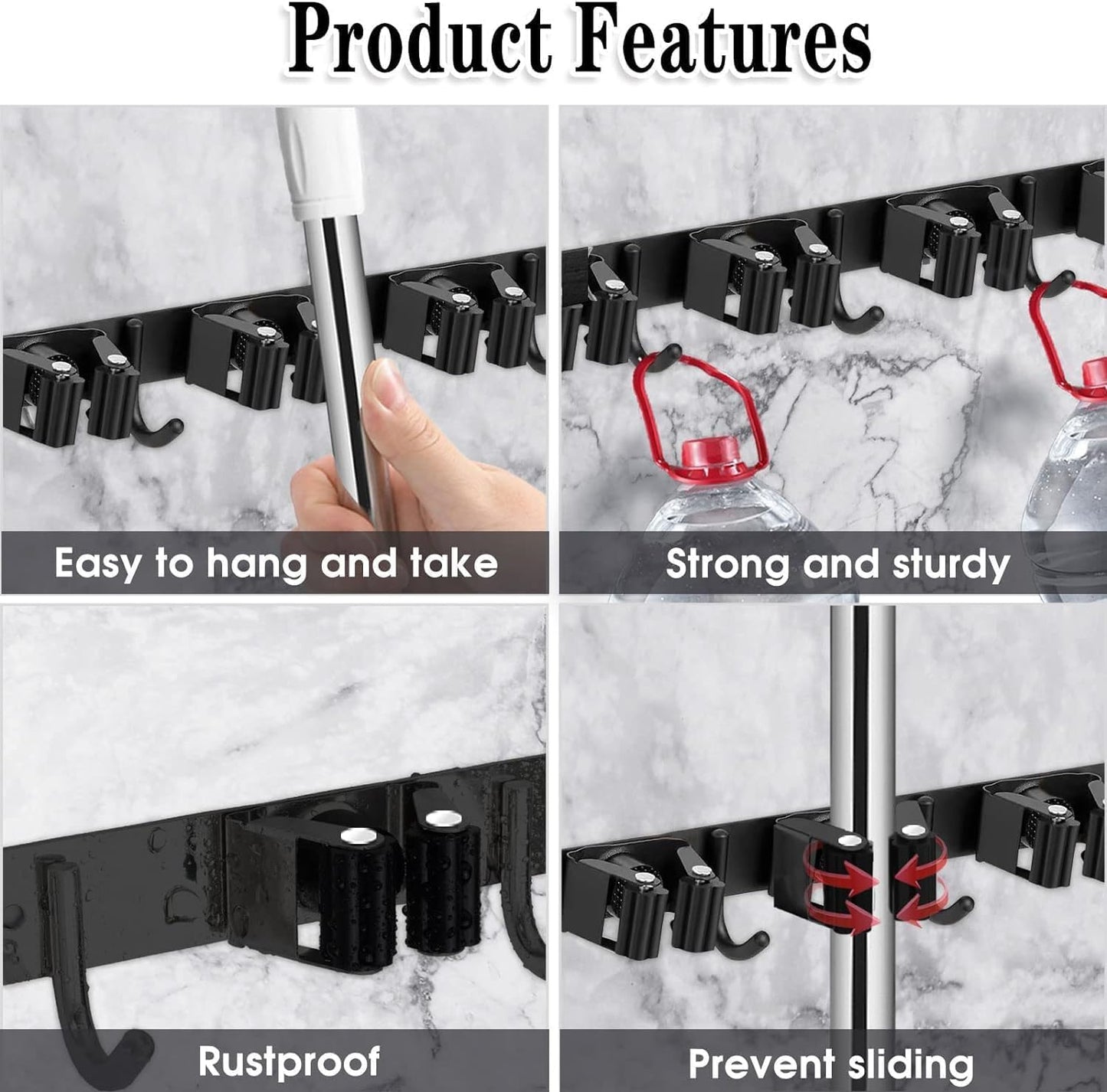 5 Racks and 4 Hooks Mop and Broom Holder Wall Mount, Broom Organizer Storage Tool Racks Stainless Steel Heavy Duty Hooks Self Adhesive Solid Non-slip for Home Kitchen Garden Laundry Garage