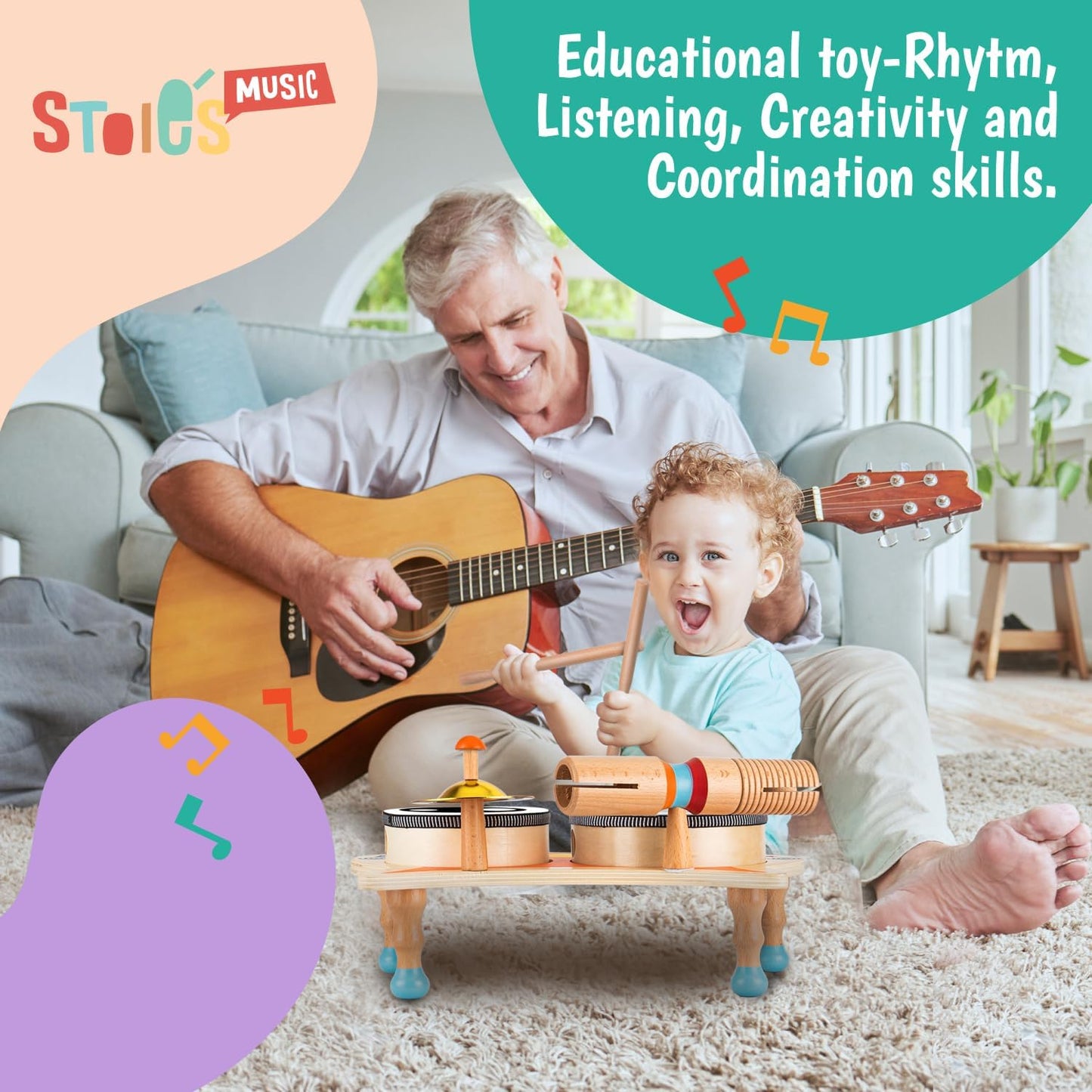 Stoie's Wooden Musical Instruments for Toddlers 1-3, Montessori Music Toys for 1 Year Old, with Xylophone, Tambourine and Maracas, Educational Development and Creativity, Baby Musical Instruments