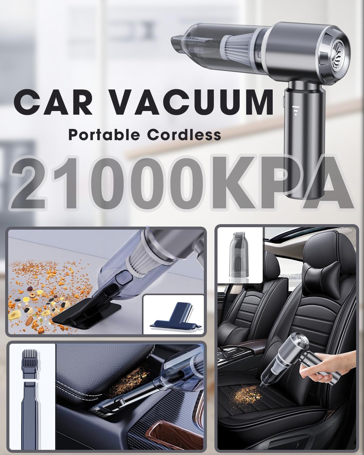 Car Vacuum Cleaner Cordless, Handheld Vacuum 22000PA High Power Suction, 4-in-1 Compressed Air Duster & Air Blower & Pump, Portable Vacuum Cleaner with 3 Gears for Home, Pet, Keyboard (Grey)
