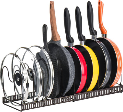Toplife Expandable Pans Organizer Rack, 10 Adjustable Compartments, Cookware Holder for Pantry or Cabinet, Black