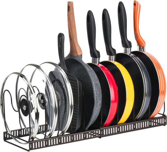 Toplife Expandable Pans Organizer Rack, 10 Adjustable Compartments, Cookware Holder for Pantry or Cabinet, Black