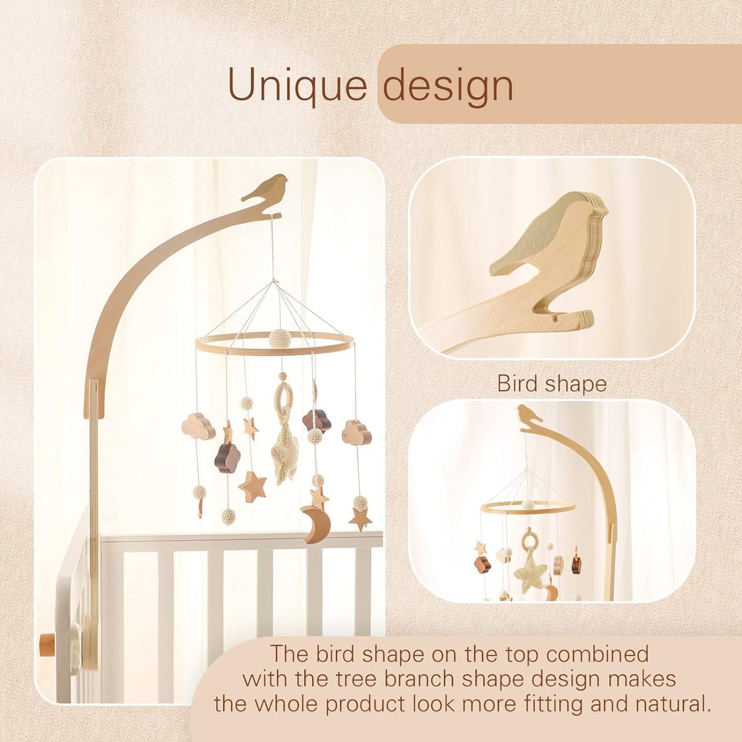 Beechwood Crib Mobile Holder - 360° Rotate, Adjustable Arm - Natural Wood, Minimalist - For Cribs No Side Rails - Baby Nursery Decor