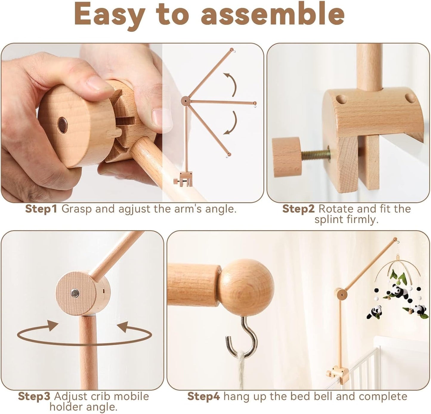 Beechwood Crib Mobile Holder - 360° Rotate, Adjustable Arm - Natural Wood, Minimalist - For Cribs No Side Rails - Baby Nursery Decor