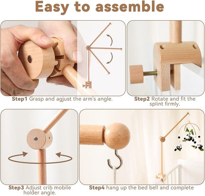 Beechwood Crib Mobile Holder - 360° Rotate, Adjustable Arm - Natural Wood, Minimalist - For Cribs No Side Rails - Baby Nursery Decor