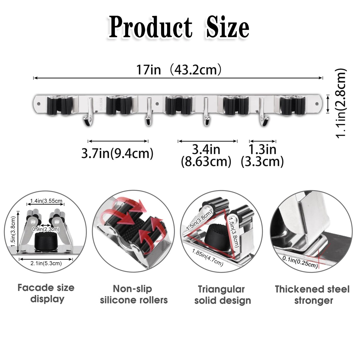 5 Racks and 4 Hooks Mop and Broom Holder Wall Mount, Broom Organizer Storage Tool Racks Stainless Steel Heavy Duty Hooks Self Adhesive Solid Non-slip for Home Kitchen Garden Laundry Garage