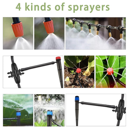 Tivddikun Drip Irrigation Kit, 360° Bendable Watering System with 49FT/15M Drip Irrigation Hose, 20 T-joints, 15 Adjustable Brass Misting Nozzles, 10 Fixed Stems, Anti-blocked Universal Faucet Adapter