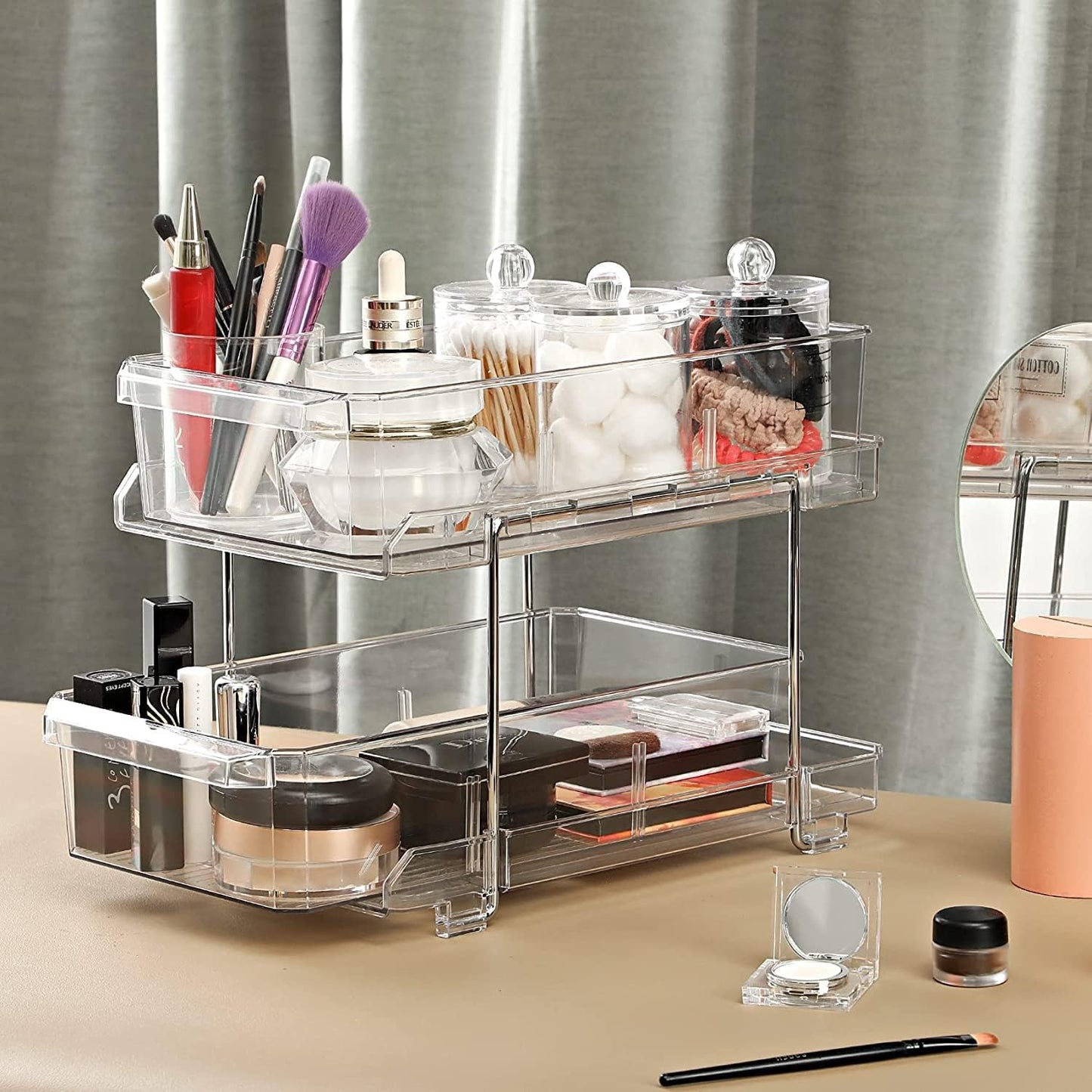 Feshory 2 Tier Clear Pull Out Cabinet Organizer for Pantry [2 Pack], Kitchen Storage & Organisation - Under Sink Storage Drawer for Countertop, Medicine, Bathroom (Acrylic)