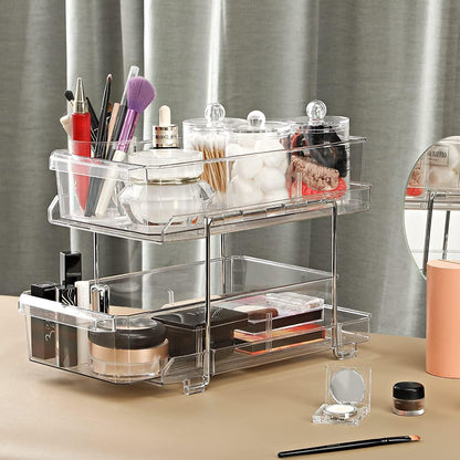 Feshory 2 Tier Clear Pull Out Cabinet Organizer for Pantry [2 Pack], Kitchen Storage & Organisation - Under Sink Storage Drawer for Countertop, Medicine, Bathroom (Acrylic)