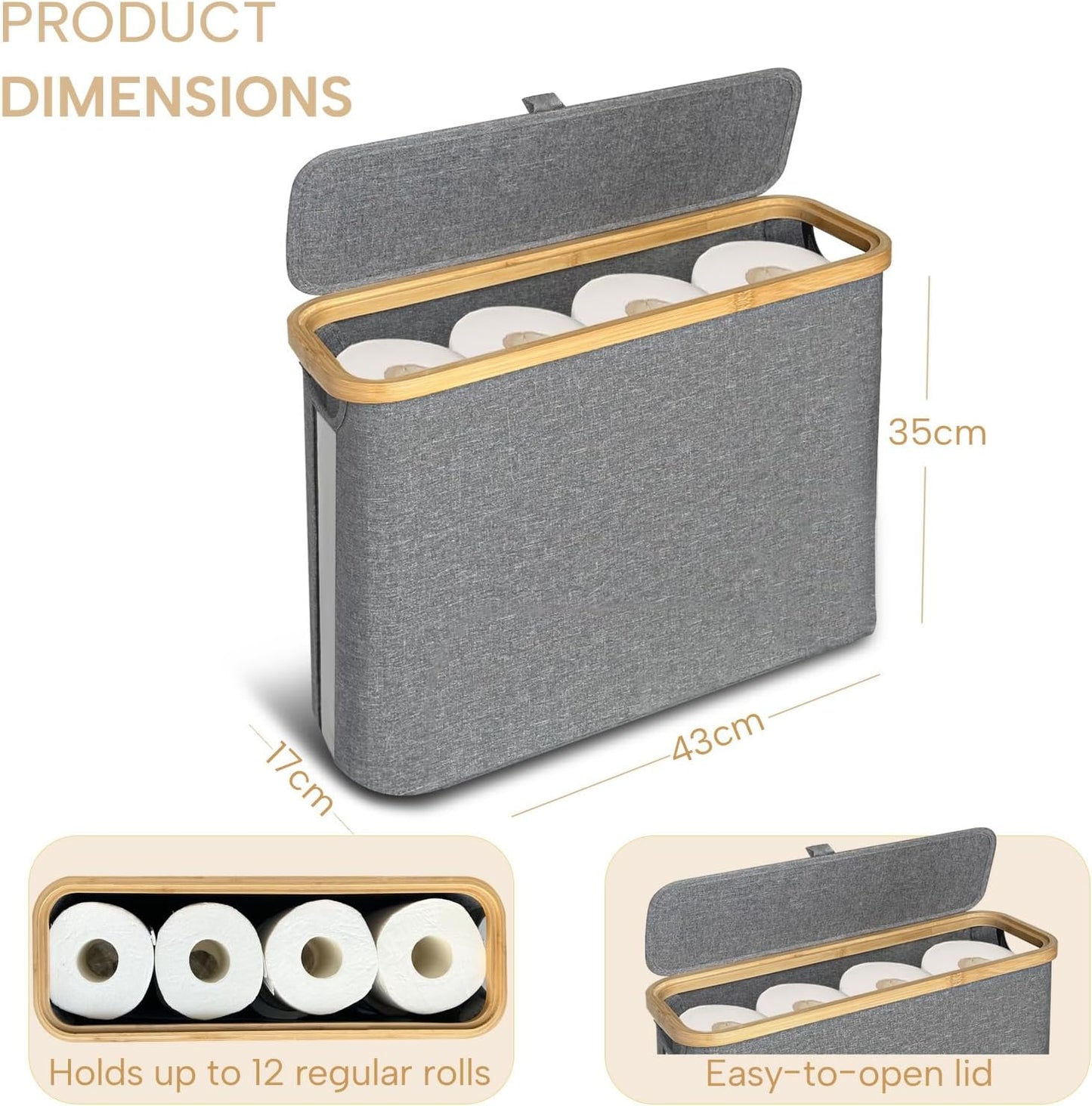 FYL Toilet Roll Storage, Toilet Paper Storage, Portable Foldable Water-Repllent Bamboo Toilet Paper 12 Rolls Holder Storage With Handle For Bathroom (White)
