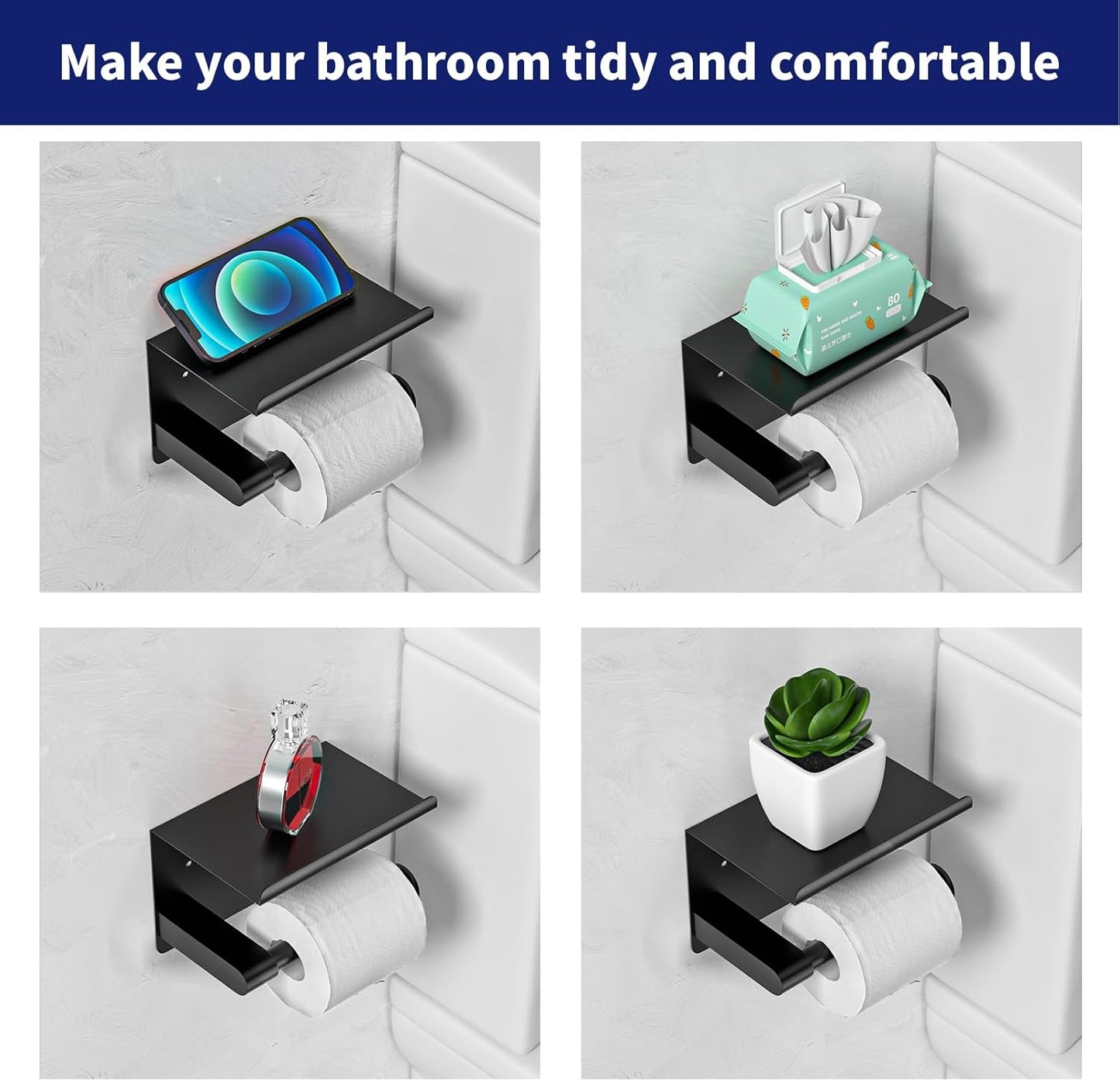 Black Toilet Paper Holder with Phone Shelf - Rustproof Bathroom Decor