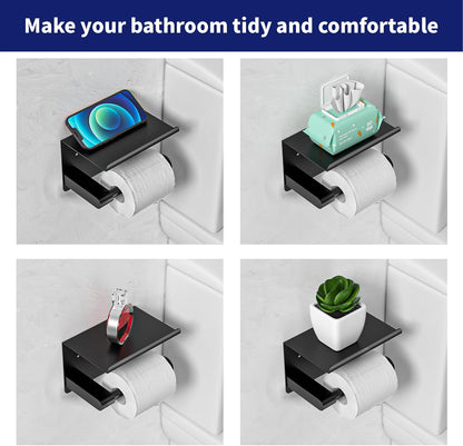 Black Toilet Paper Holder with Phone Shelf - Rustproof Bathroom Decor