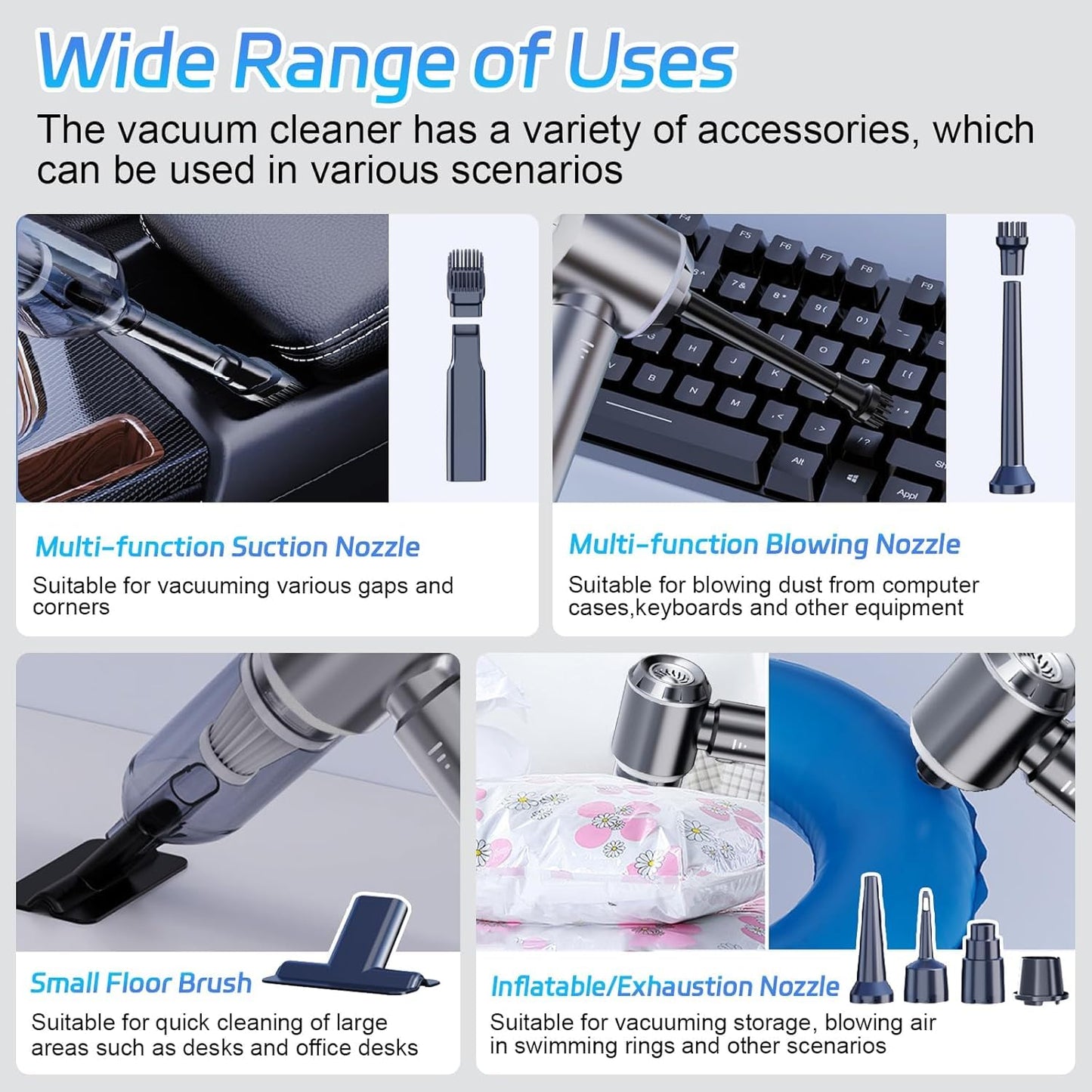 Car Vacuum Cleaner Cordless, Handheld Vacuum 22000PA High Power Suction, 4-in-1 Compressed Air Duster & Air Blower & Pump, Portable Vacuum Cleaner with 3 Gears for Home, Pet, Keyboard (Grey)