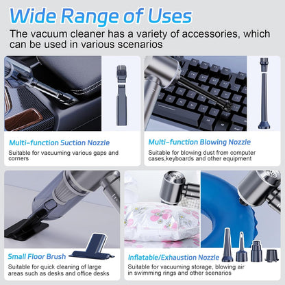 Car Vacuum Cleaner Cordless, Handheld Vacuum 22000PA High Power Suction, 4-in-1 Compressed Air Duster & Air Blower & Pump, Portable Vacuum Cleaner with 3 Gears for Home, Pet, Keyboard (Grey)