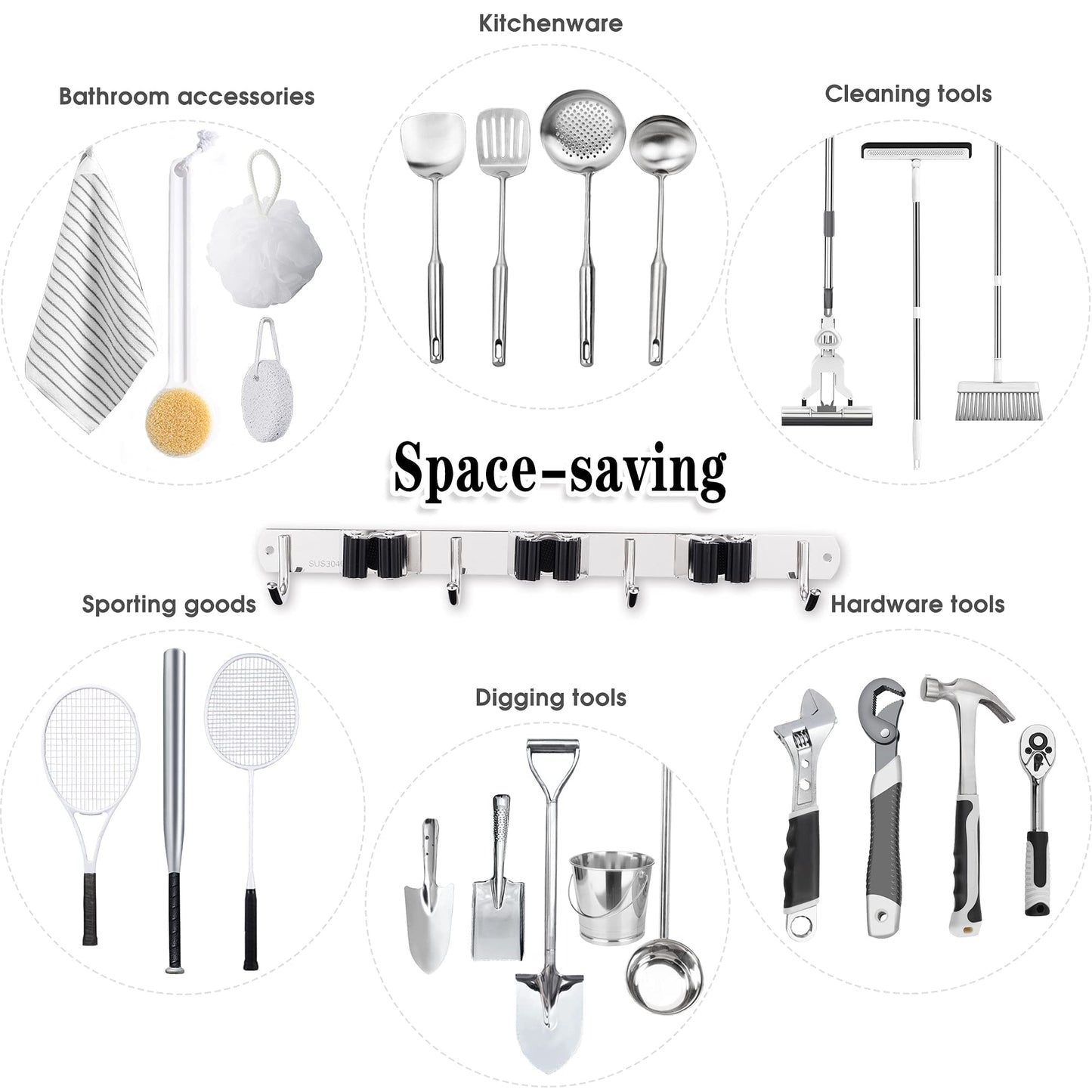 5 Racks and 4 Hooks Mop and Broom Holder Wall Mount, Broom Organizer Storage Tool Racks Stainless Steel Heavy Duty Hooks Self Adhesive Solid Non-slip for Home Kitchen Garden Laundry Garage