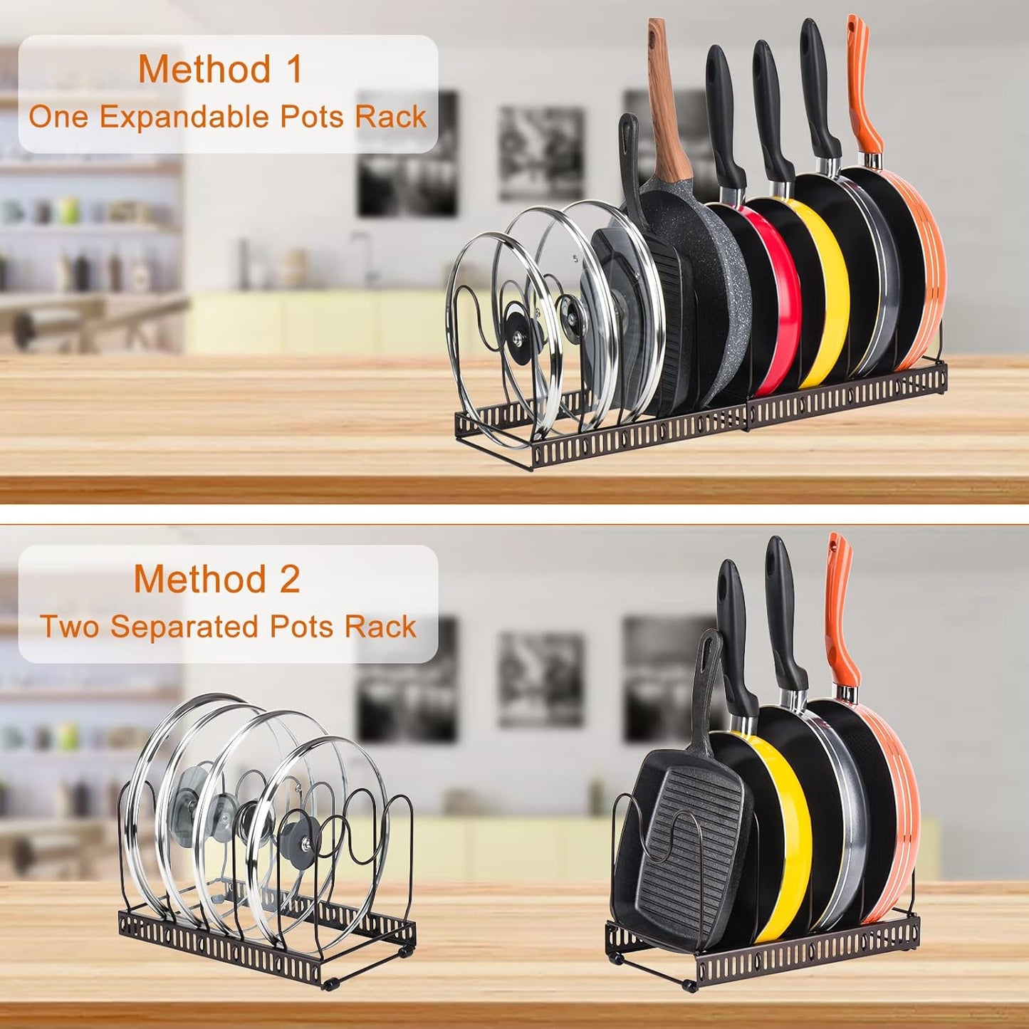 Toplife Expandable Pans Organizer Rack, 10 Adjustable Compartments, Cookware Holder for Pantry or Cabinet, Black