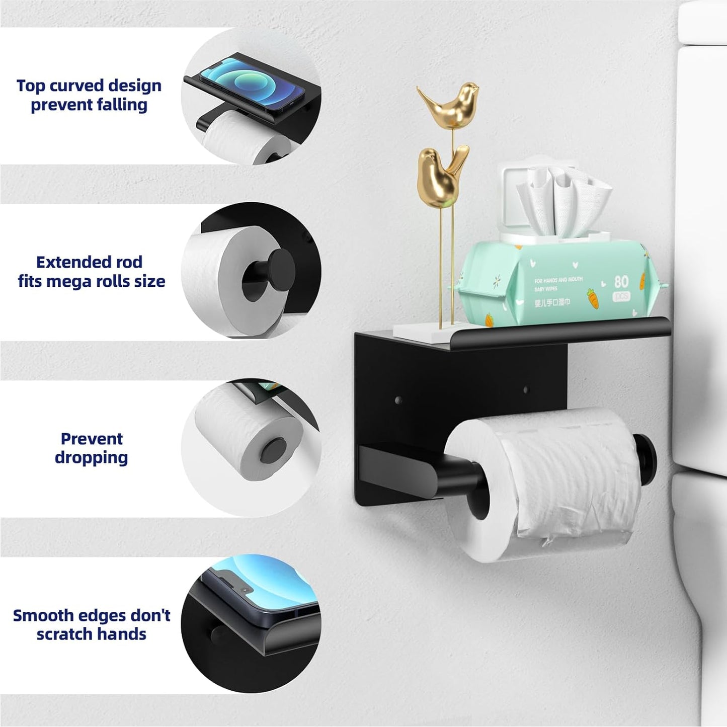 Black Toilet Paper Holder with Phone Shelf - Rustproof Bathroom Decor