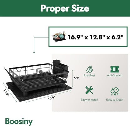 Boosiny Dish Drying Rack for Kitchen Counter, 2 Tier Dish Racks with Drainboard Set, Detachable Large Dish Drainer with Utensils Holder, Dish Drainer Rack with Extra Drying Mat, Black
