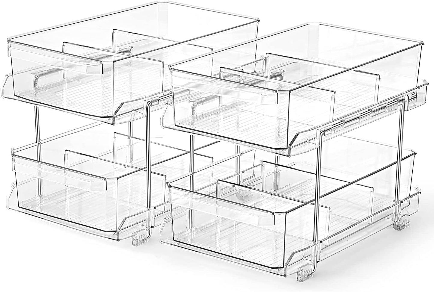 Feshory 2 Tier Clear Pull Out Cabinet Organizer for Pantry [2 Pack], Kitchen Storage & Organisation - Under Sink Storage Drawer for Countertop, Medicine, Bathroom (Acrylic)