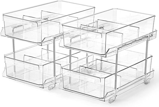 Feshory 2 Tier Clear Pull Out Cabinet Organizer for Pantry [2 Pack], Kitchen Storage & Organisation - Under Sink Storage Drawer for Countertop, Medicine, Bathroom (Acrylic)
