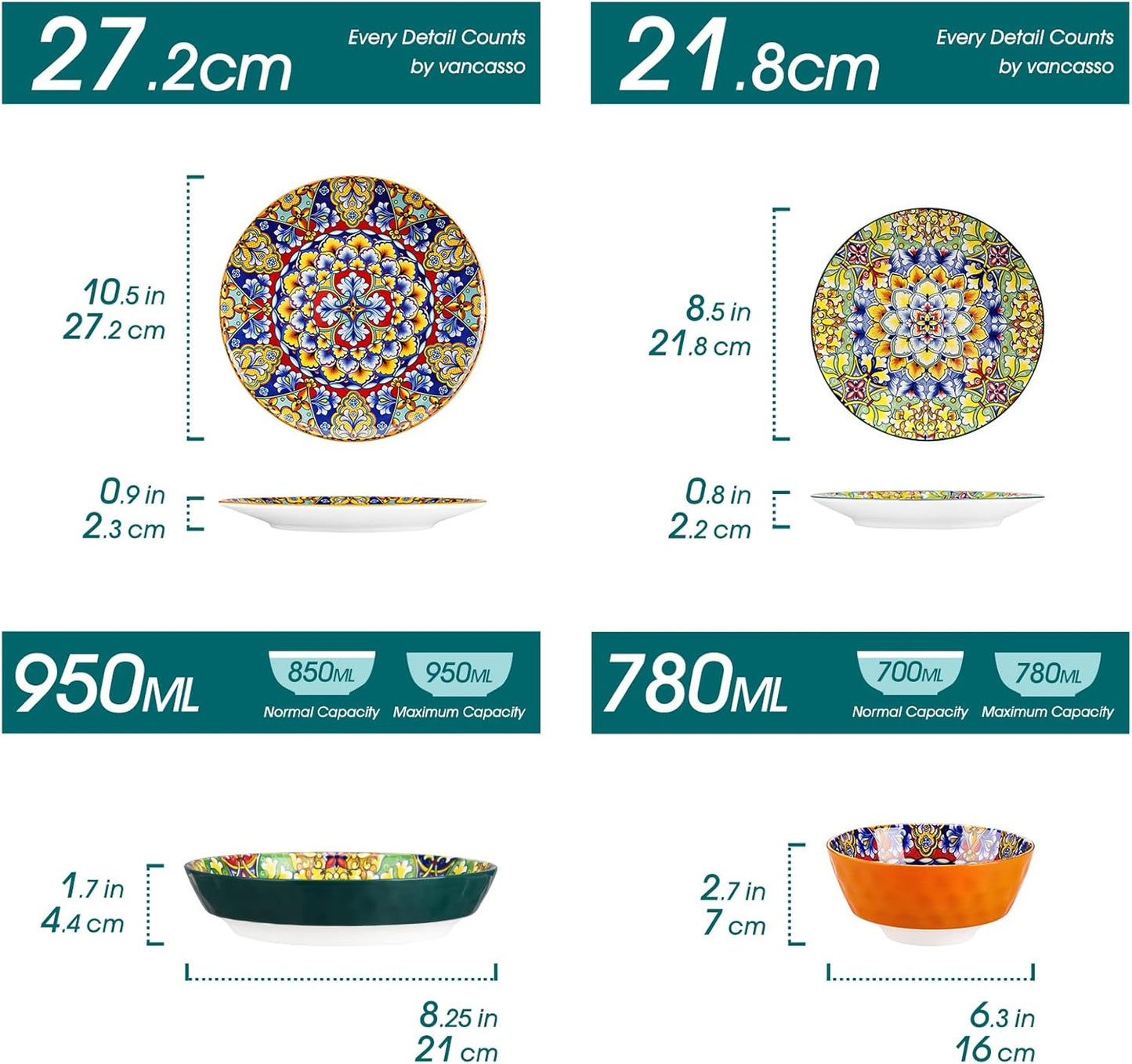 vancasso 12 Pieces Dinnerware Sets, Plates and Bowls Set, Porcelain Dishes Set for 4, Microwave and Dishwasher Safe, Scratch Resistant, Bohemian Style Dining Ware Service for 4, Series SIMI