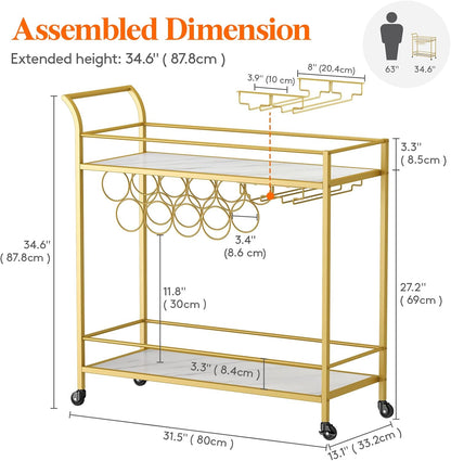 Drinks Trolley on Wheels | Gold 2-Tier Bar Cart with Wine Racks