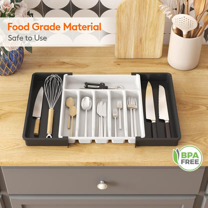 Lifewit Cutlery Drawer Organiser, Expandable Utensil Tray for Kitchen, Adjustable Silverware and Flatware Holder, Compact Plastic Storage for Spoons Forks Knives, Large, Black
