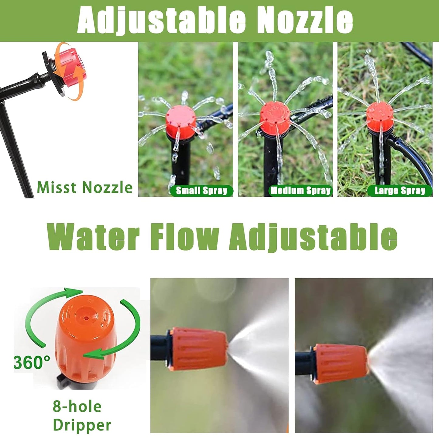 Tivddikun Drip Irrigation Kit, 360° Bendable Watering System with 49FT/15M Drip Irrigation Hose, 20 T-joints, 15 Adjustable Brass Misting Nozzles, 10 Fixed Stems, Anti-blocked Universal Faucet Adapter