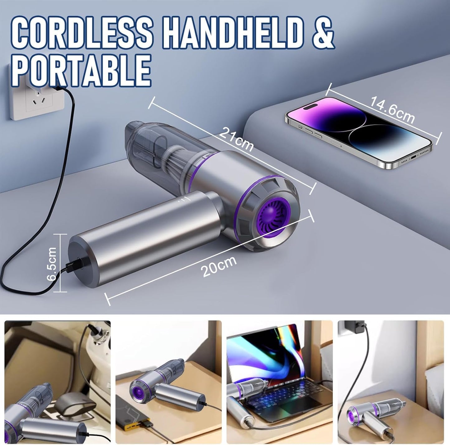 Car Vacuum Cleaner Cordless, Handheld Vacuum 22000PA High Power Suction, 4-in-1 Compressed Air Duster & Air Blower & Pump, Portable Vacuum Cleaner with 3 Gears for Home, Pet, Keyboard (Grey)