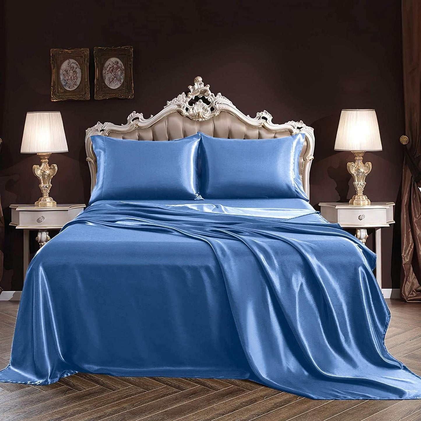 ForZzz 2000TC Art Silk Satin Queen Sheet Set Hotel 4 Pieces Fitted/Flat Sheet Bedding Set(Black,Queen)