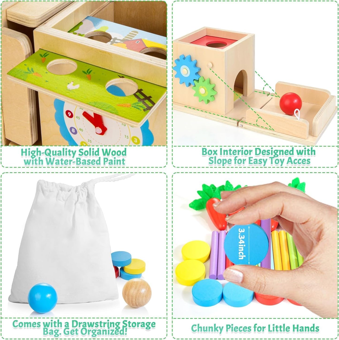 Kizfarm Wooden Montessori Baby Toys, 8-in-1 Wooden Play Kit Includes Object Permanent Box, Coin Box, Carrot Harvest, Shape Sorting & Stacking - Montessori Toys for Boys Girls Toddlers
