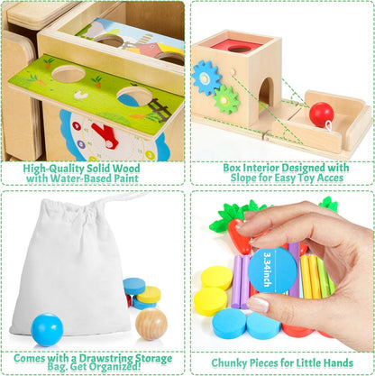 Kizfarm Wooden Montessori Baby Toys, 8-in-1 Wooden Play Kit Includes Object Permanent Box, Coin Box, Carrot Harvest, Shape Sorting & Stacking - Montessori Toys for Boys Girls Toddlers