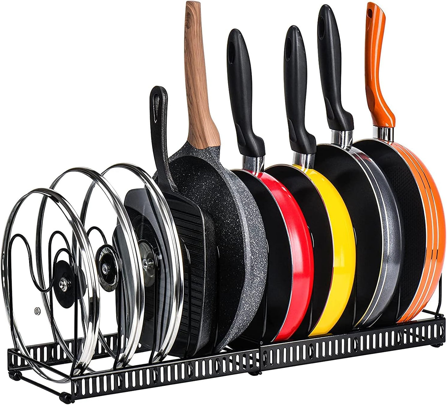 Toplife Expandable Pans Organizer Rack, 10 Adjustable Compartments, Cookware Holder for Pantry or Cabinet, Black