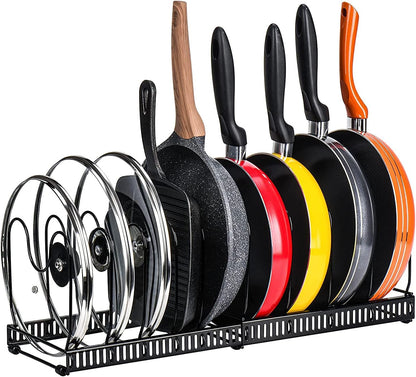 Toplife Expandable Pans Organizer Rack, 10 Adjustable Compartments, Cookware Holder for Pantry or Cabinet, Black