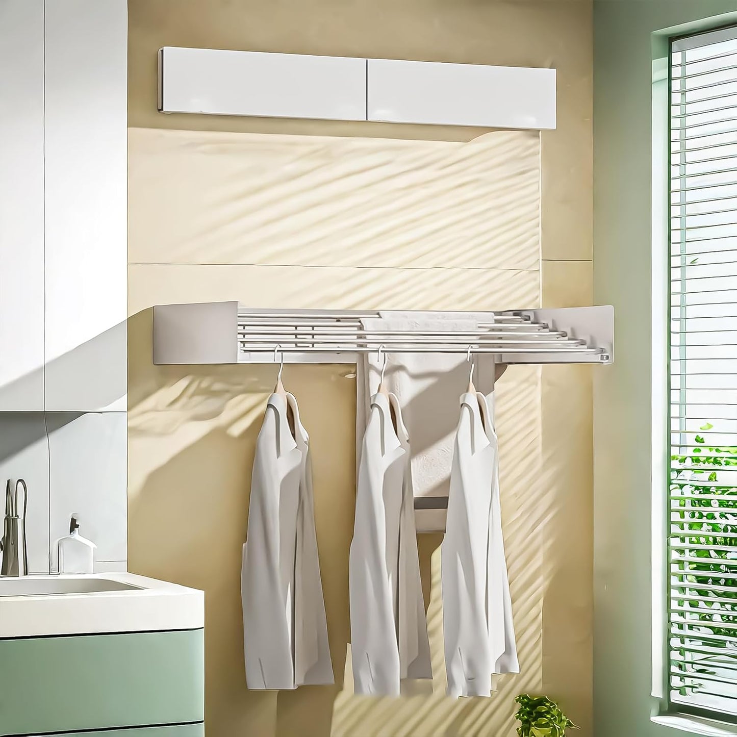 Laundry Drying Rack Collapsible, Wall Mounted, Clothes Drying Rack, 31.5" Wide, 13.1 Linear Ft, 5 Aluminum Rods, 45 lb Capacity, with Wall Template, Screwdriver Bit(White)