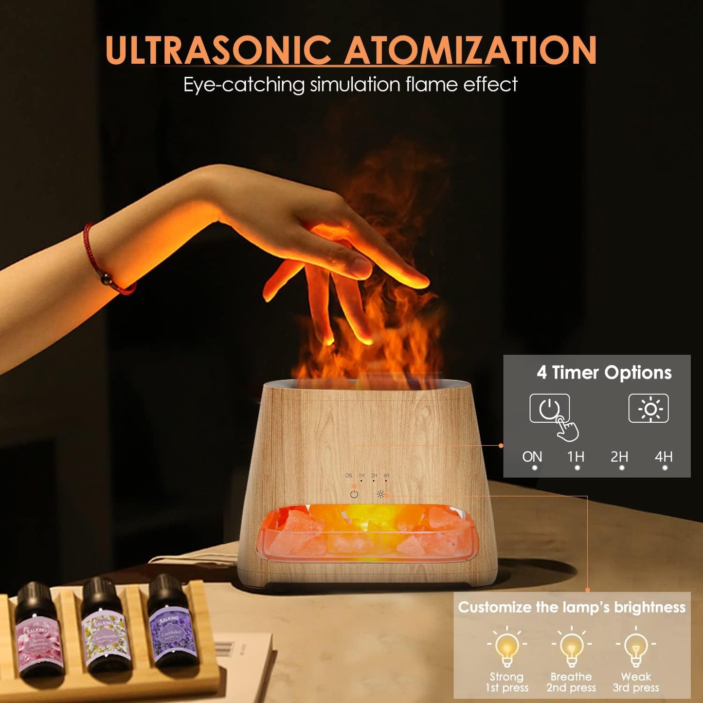 SALKING 2-in-1 Essential Oil Diffuser & Crystal Himalayan Salt Lamp, Ultrasonic Aromatherapy Diffuser with Timer Setting, Auto-Off Safety Switch, Cool Mist, Flame Effect, Night Light, 150ml