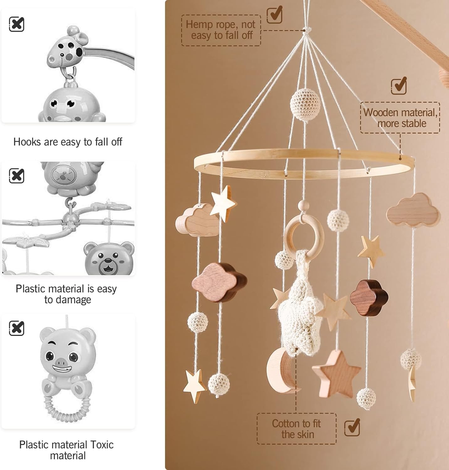 Beechwood Crib Mobile Holder - 360° Rotate, Adjustable Arm - Natural Wood, Minimalist - For Cribs No Side Rails - Baby Nursery Decor