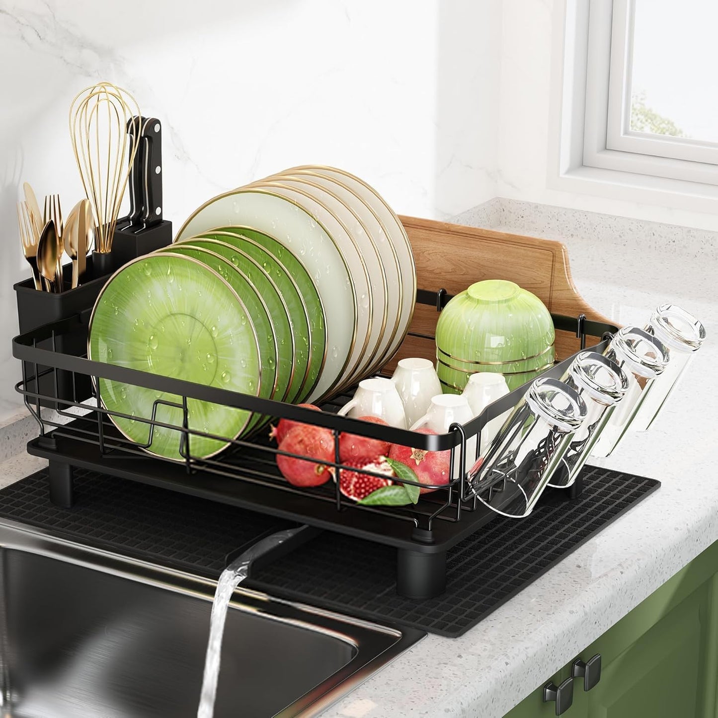 Boosiny Dish Drying Rack for Kitchen Counter, 2 Tier Dish Racks with Drainboard Set, Detachable Large Dish Drainer with Utensils Holder, Dish Drainer Rack with Extra Drying Mat, Black