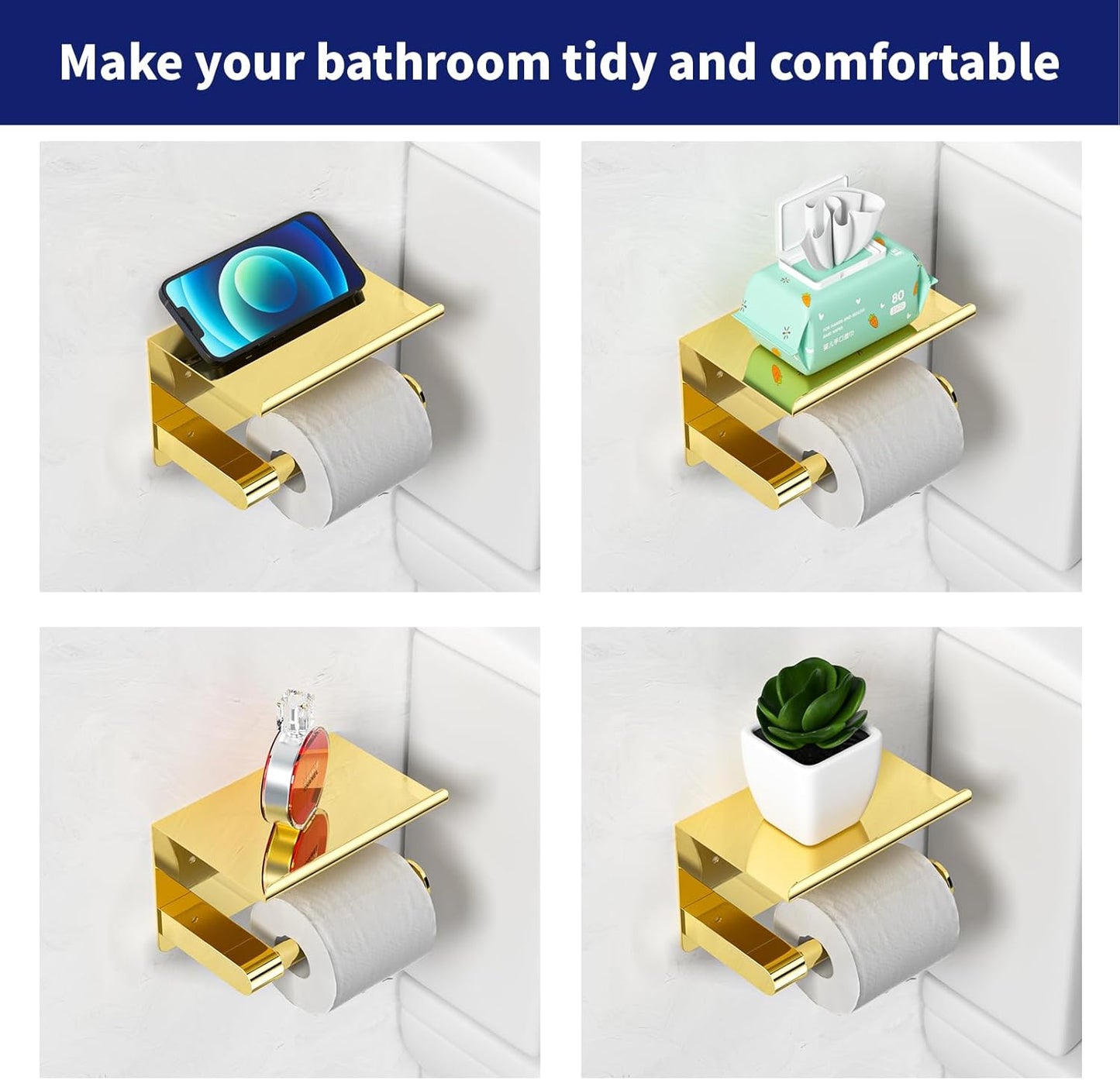 Black Toilet Paper Holder with Phone Shelf - Rustproof Bathroom Decor