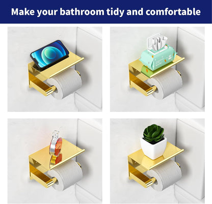 Black Toilet Paper Holder with Phone Shelf - Rustproof Bathroom Decor