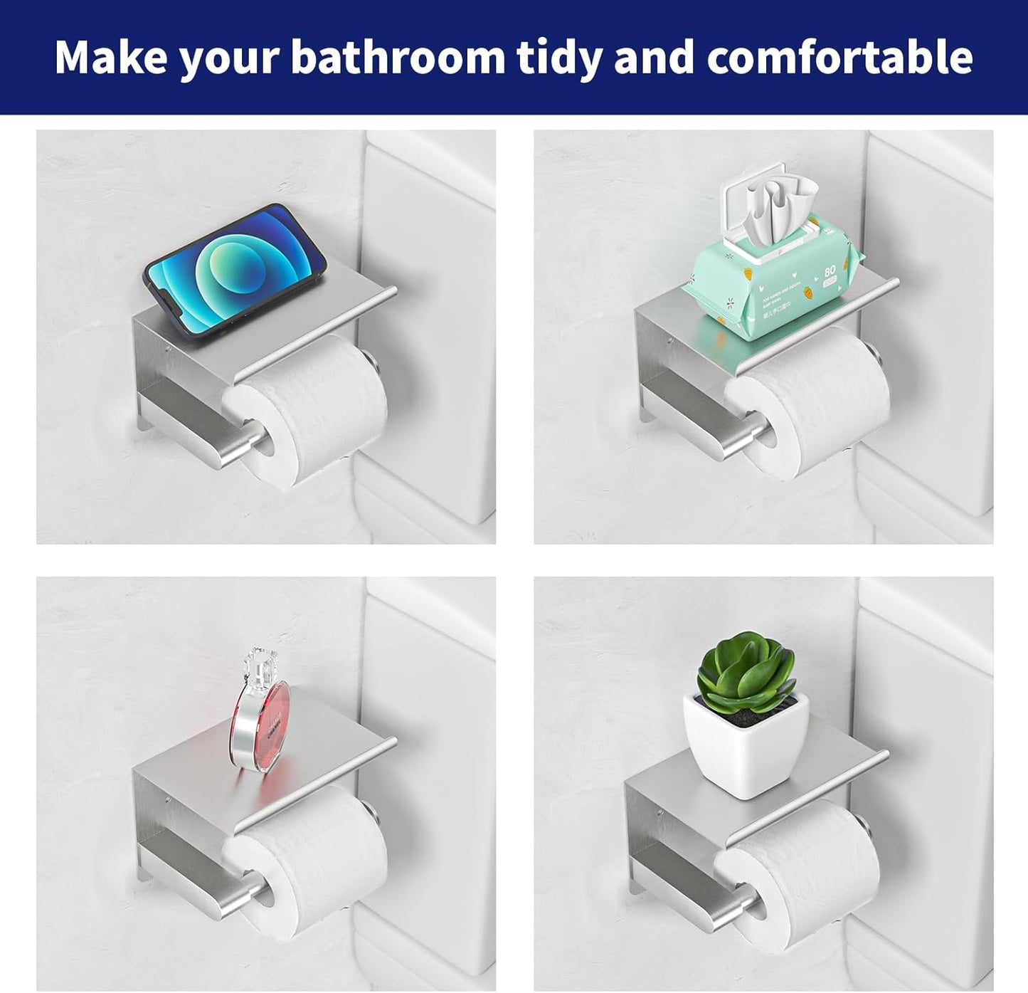 Black Toilet Paper Holder with Phone Shelf - Rustproof Bathroom Decor