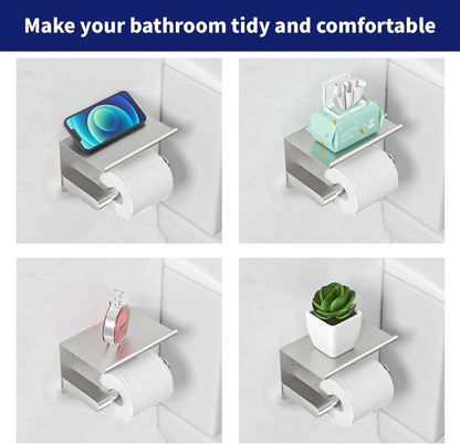 Black Toilet Paper Holder with Phone Shelf - Rustproof Bathroom Decor
