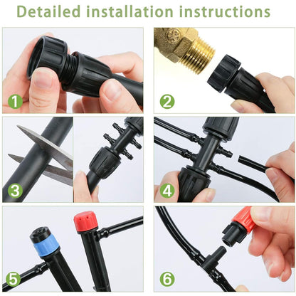 Tivddikun Drip Irrigation Kit, 360° Bendable Watering System with 49FT/15M Drip Irrigation Hose, 20 T-joints, 15 Adjustable Brass Misting Nozzles, 10 Fixed Stems, Anti-blocked Universal Faucet Adapter