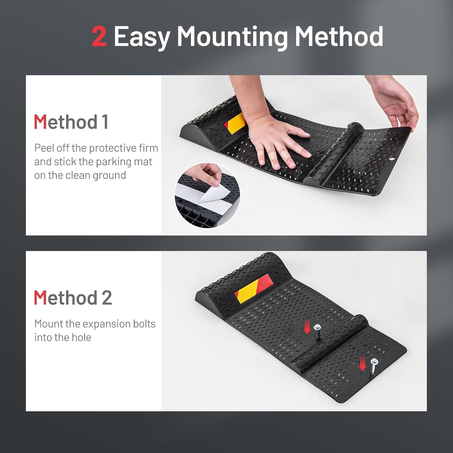 Costway Garage Car Parking Mat, 2 Pack Heavy Duty Wheel Stopper w/ 2 Mounting Method, Non-slip Surface, Self-Adhesive Tape, Reflective Strip, Garage Anti-skid Parking Mat for Most Vehicle, Black