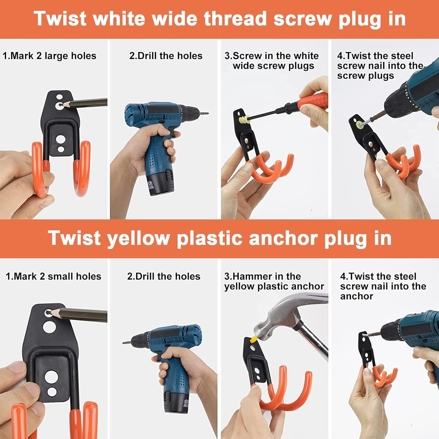 Sulishang 16 Pack Garage Hooks Heavy Duty, Utility Steel Garage Storage Hooks, Wall Mount Tool Organizer with Anti-Slip Coating for Garden Tools, Ladders, Bulky Items and More Equipment (Orange)