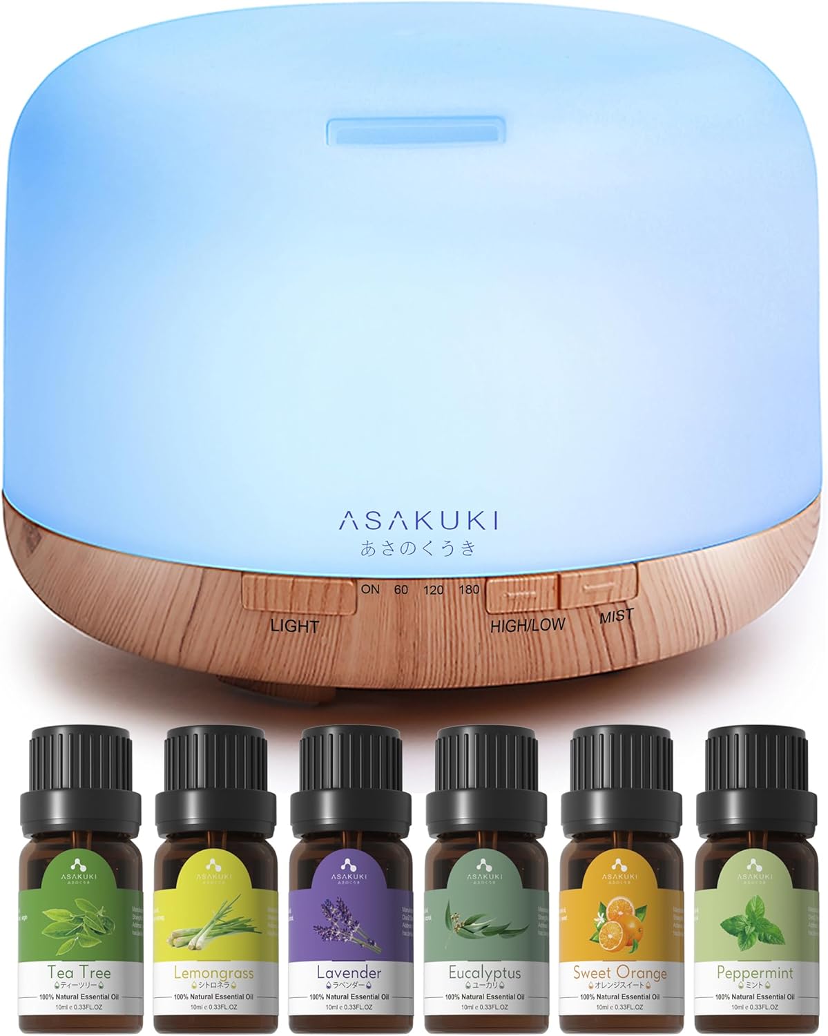 ASAKUKI 500ml Essential Oil Diffuser, 5 in 1 Ultrasonic Aromatherapy Fragrant Oil Diffusers, Vaporizer Humidifier with Remote Control, Timer, Auto-Off Safety Switch, 7 LED Light Colors