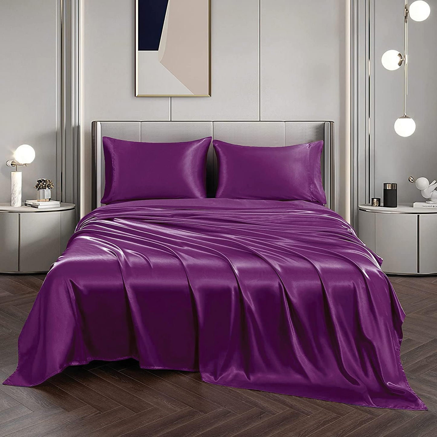 ForZzz 2000TC Art Silk Satin Queen Sheet Set Hotel 4 Pieces Fitted/Flat Sheet Bedding Set(Black,Queen)
